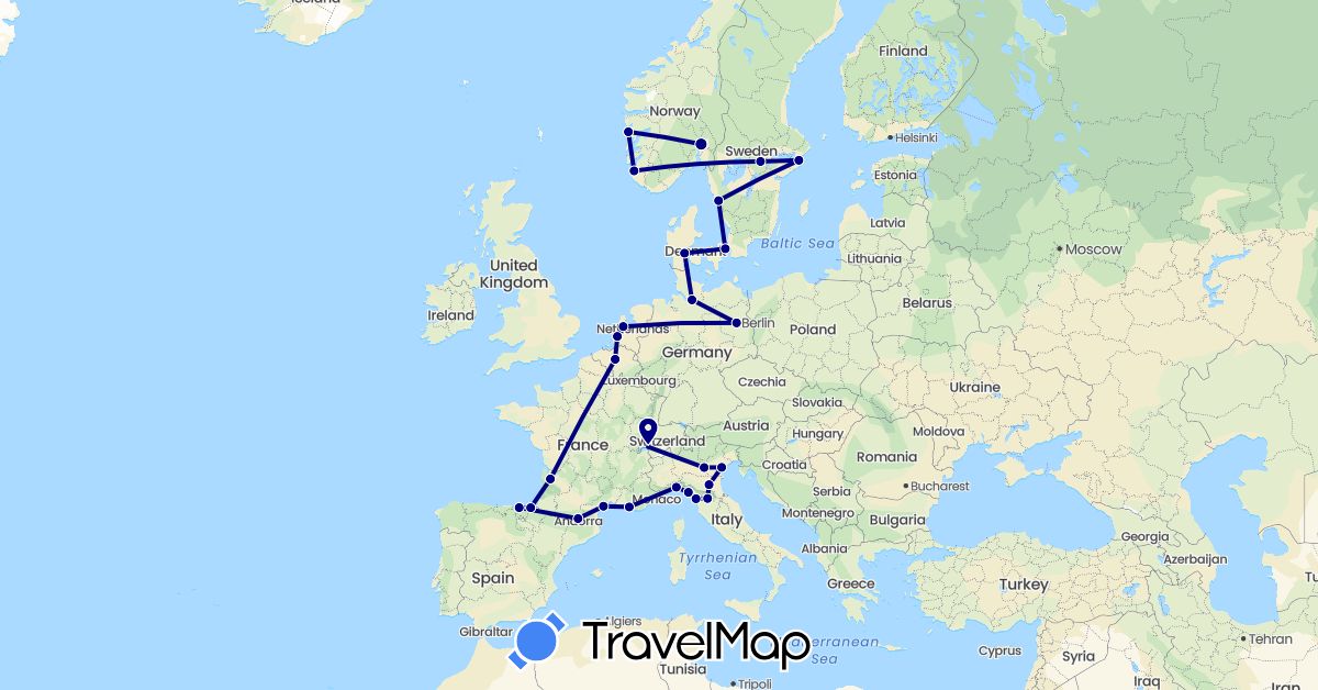 TravelMap itinerary: driving in Belgium, Switzerland, Germany, Denmark, Spain, France, Italy, Netherlands, Norway, Sweden (Europe)